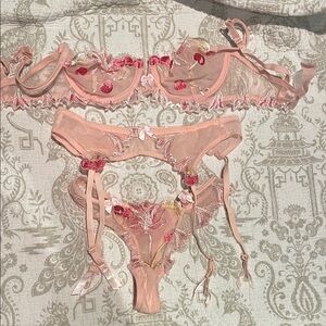 Sheer Pink Embroidered Lingerie Set with Garter cherries